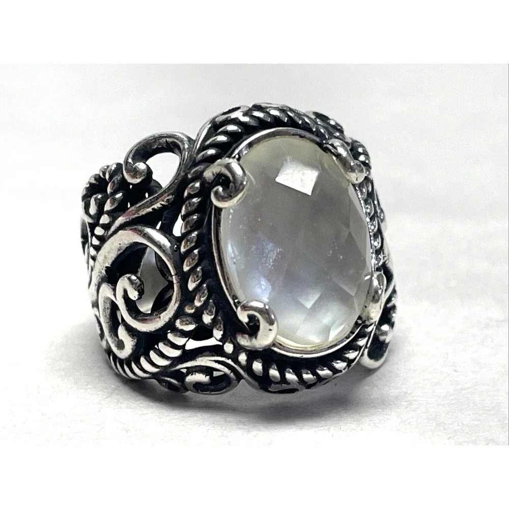 Carolyn Pollack 925 Sterling Silver Faceted Clear Stone Ring Size 7 Ornate